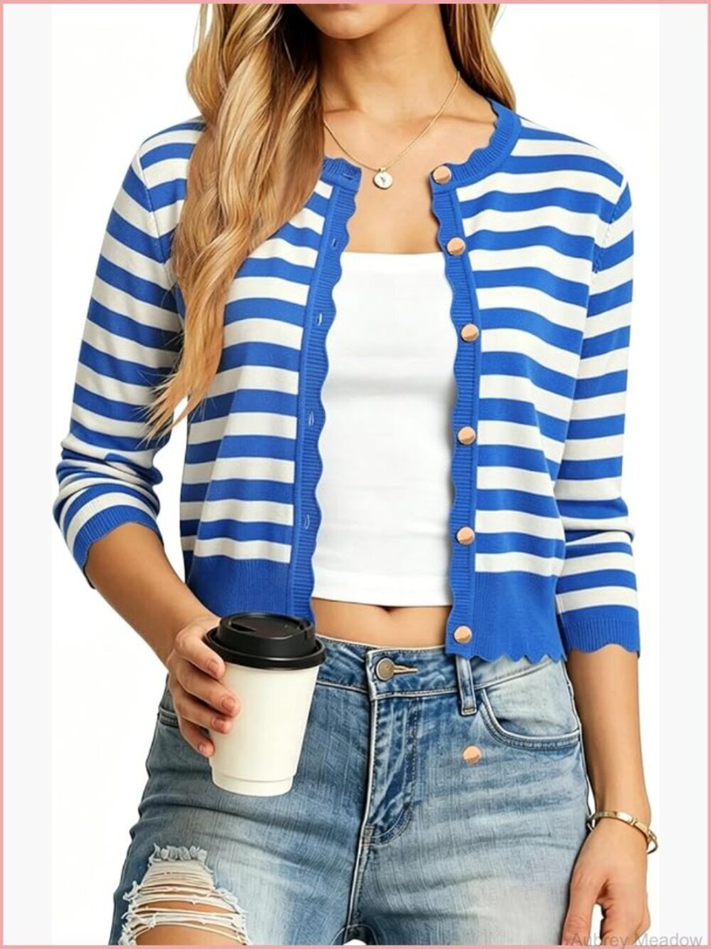 Cropped Scallop Trim Knit Cardigan 3/4 Sleeve Crewneck Button Down Shrug